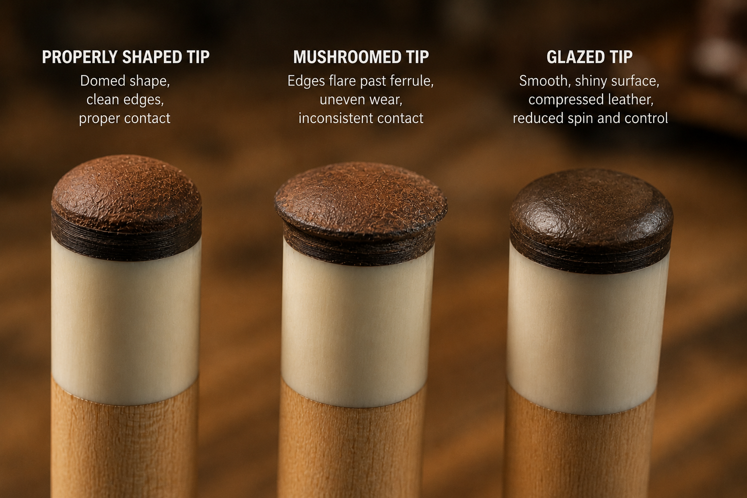 Three cue tip conditions properly maintained, mushroomed, and glazed